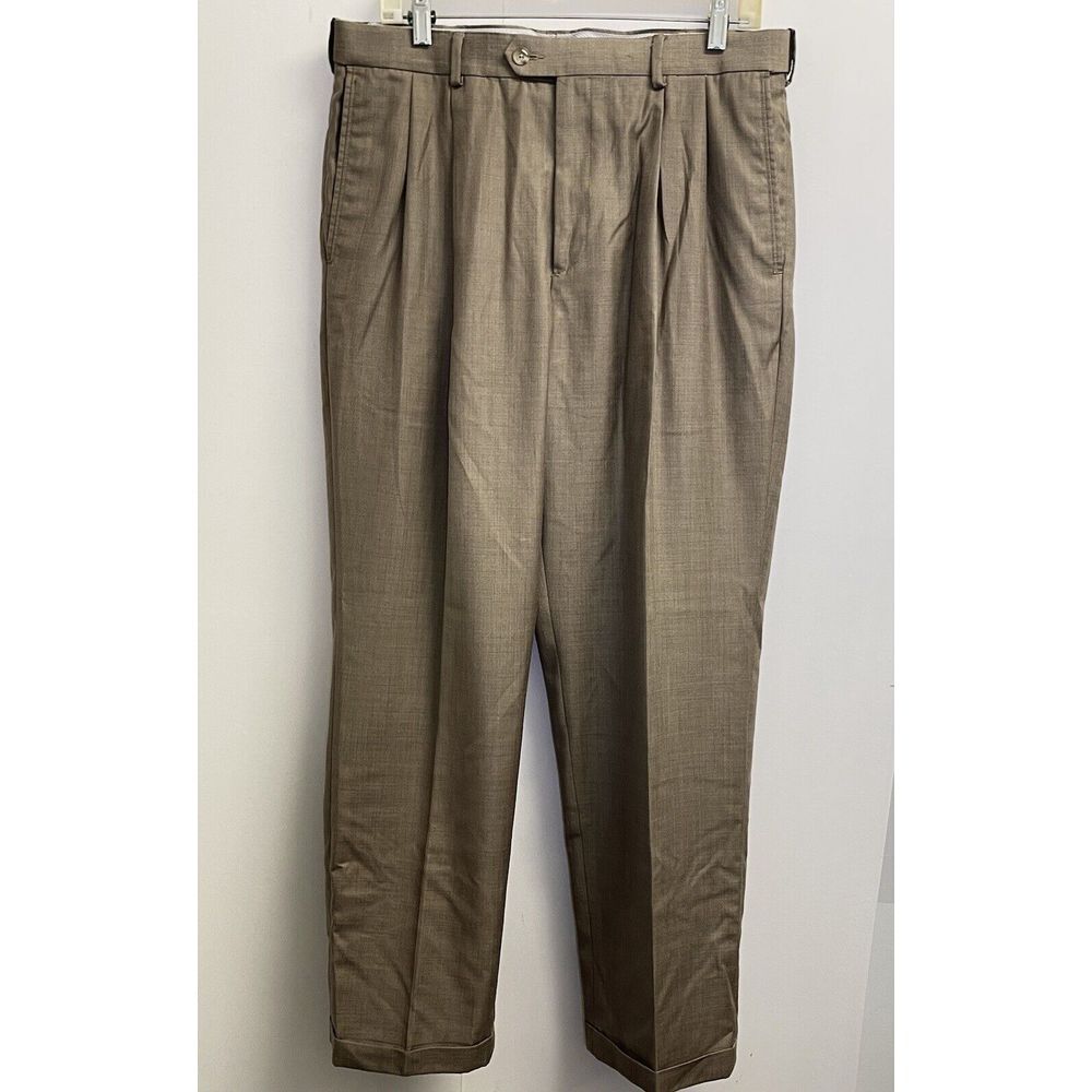 Roundtree & Yorke Easy Care Pants Pleated Men's 34x30 Brown Cuffed Performance